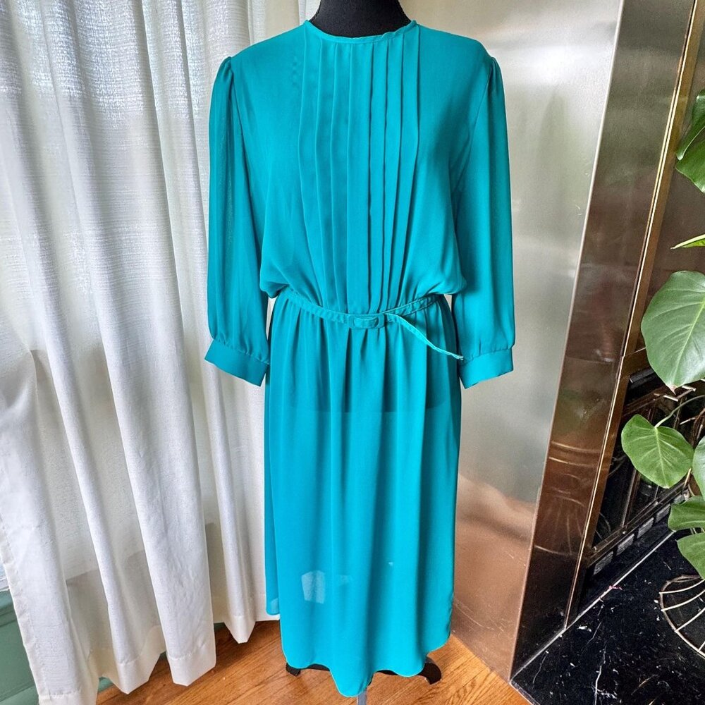 Vintage 80s A-line dress, turquoise, pleated bodice, assorted belt, long sleeves